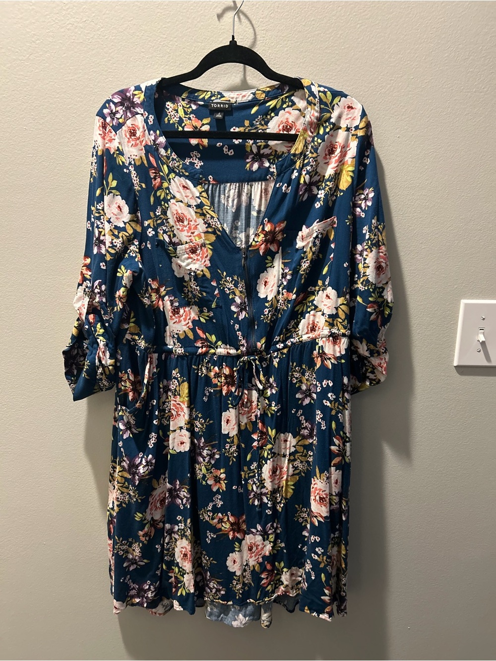 torrid Teal Blue Floral Midi Dress with Pink & Cream Roses